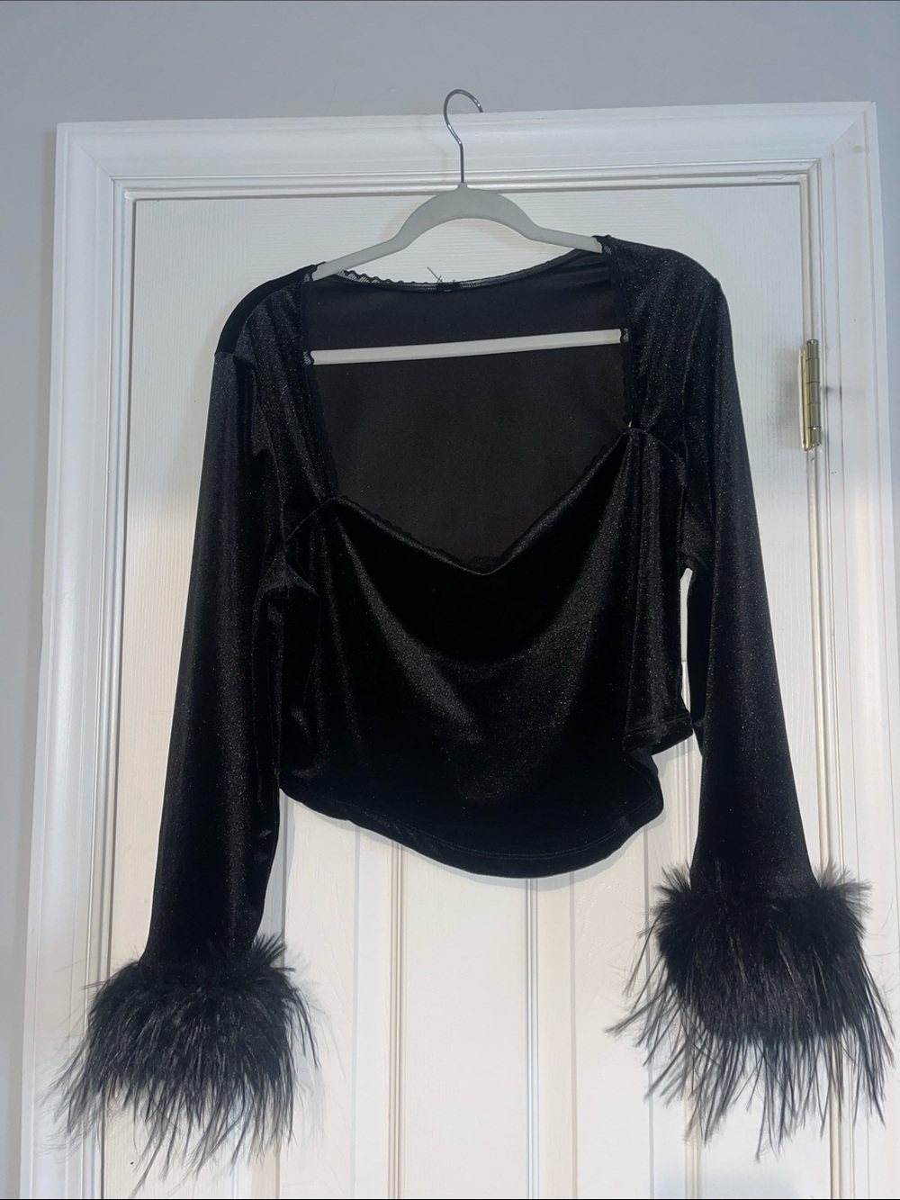 Black Velvet Long-Sleeve Top with Feather Cuffs